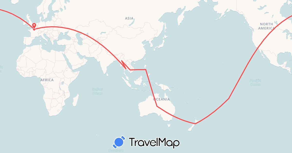 TravelMap itinerary: driving, hiking in Australia, France, Cambodia, Myanmar (Burma), New Zealand, French Polynesia, Philippines, Thailand, United States (Asia, Europe, North America, Oceania)